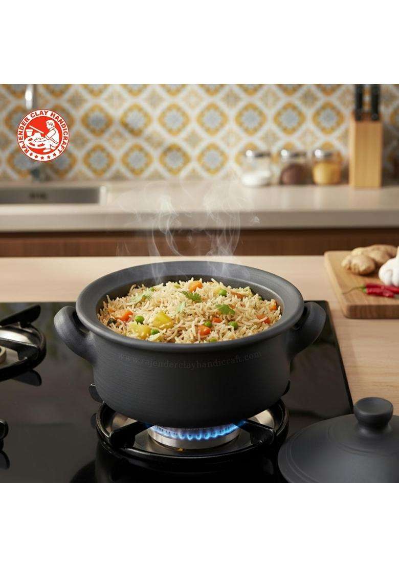 RAJENDER CLAY HANDICRAFT Handcrafted Mitti Black Flat Kadhai Wok | 3 L | 3.2 Qt | Non-Toxic - Indya