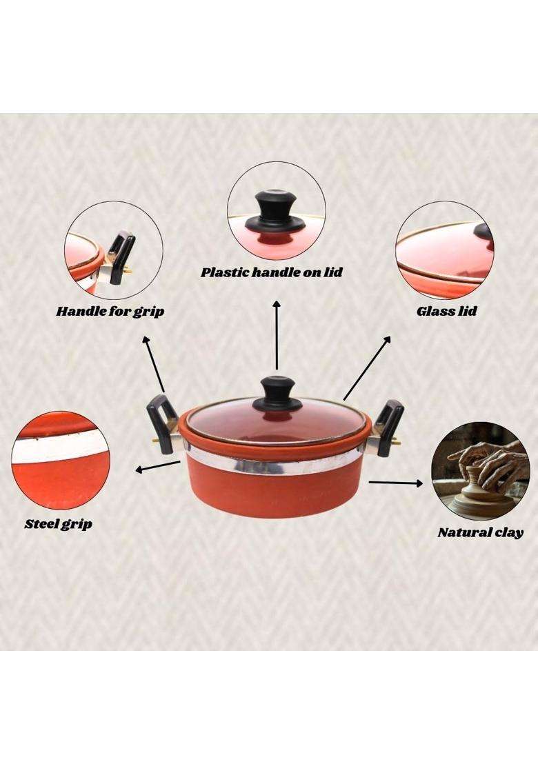 Terra Charms Clay Kadhai Wok with Glass Lid Pure Mitti Cooking Kadai | 2.5 L | 2.6 Qt | Handcrafted - Indya