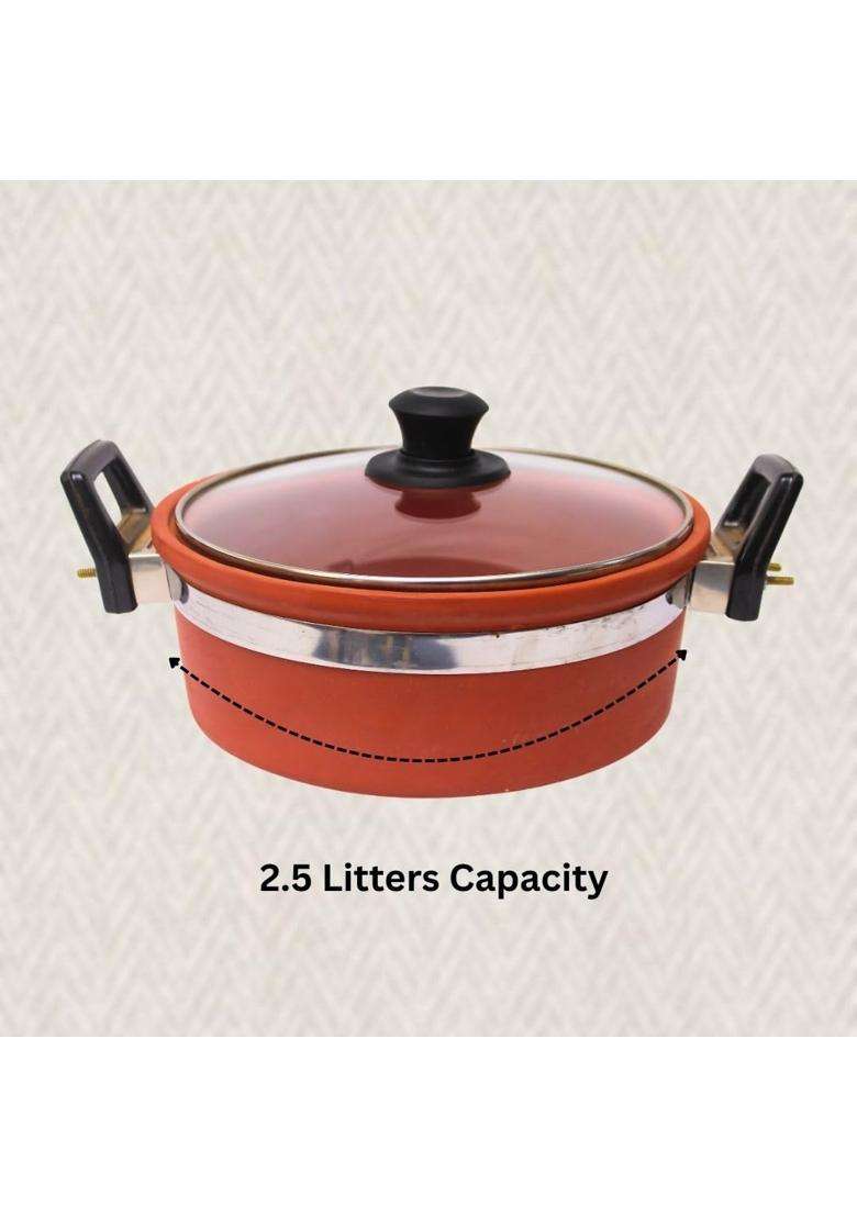Terra Charms Clay Kadhai Wok with Glass Lid Pure Mitti Cooking Kadai | 2.5 L | 2.6 Qt | Handcrafted - Indya