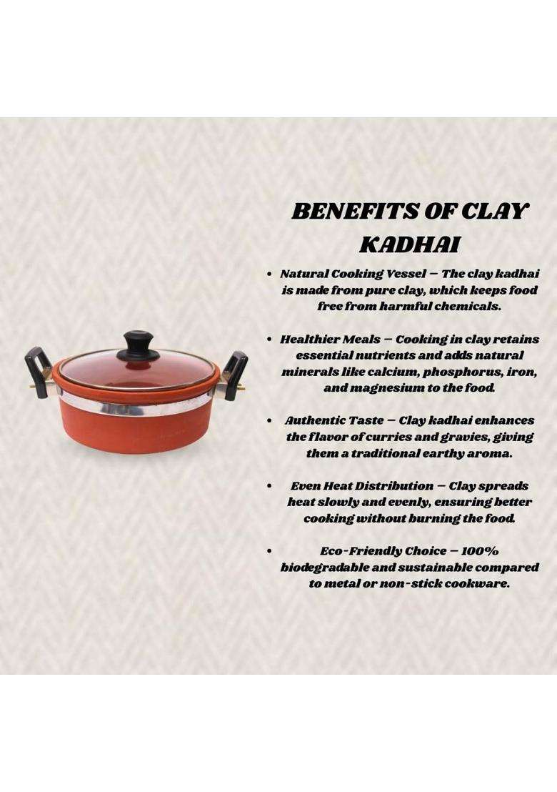 Terra Charms Clay Kadhai Wok with Glass Lid Pure Mitti Cooking Kadai | 2.5 L | 2.6 Qt | Handcrafted - Indya