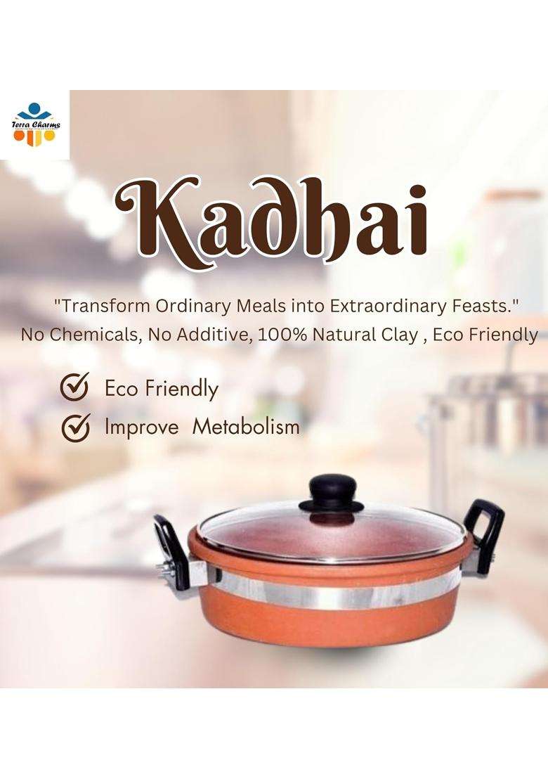 Terra Charms Clay KadhaiHeritage Clay Kadhai Wok Preserve Culinary Traditions At Home | 2 L | 2.1 Qt | With Lid - Indya