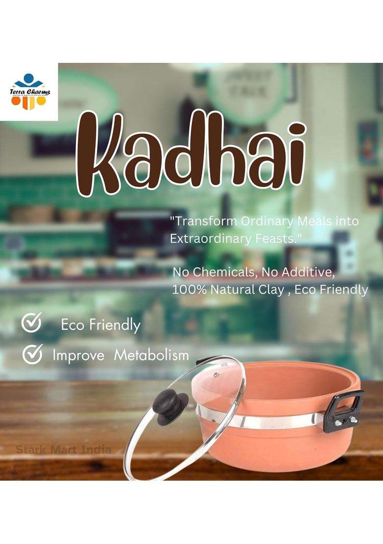 Terra Charms Clay KadhaiTraditional Design Handmade Mitti Ka Kadhai Wok | 1.5 L | 1.6 Qt | With Lid - Indya