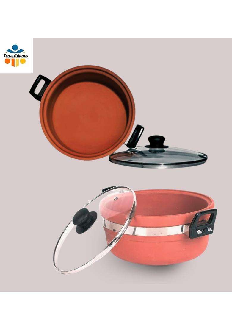 Terra Charms Clay KadhaiStylish Design Terracotta Clay Kadhai Wok | 1.5 L | 1.6 Qt | With Lid - Indya