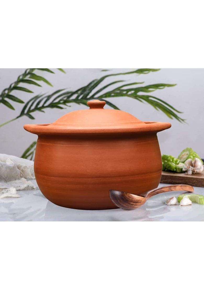 EZAHK Handmade Clay Earthen Kadai Wok Pot with Lid for Cooking and Serving | 1.8 L | 1.9 Qt - Indya