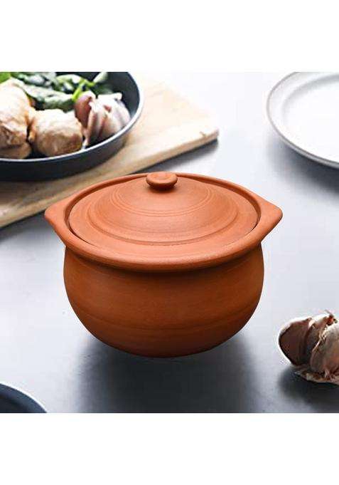 EZAHK Handmade Clay Earthen Kadai Wok Pot with Lid for Cooking and Serving | 1.8 L | 1.9 Qt