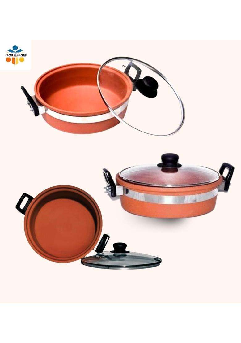 Terra Charms Clay KadhaiOrganic Clay Kadhai Wok Enhance Your Cooking Experience | 2 L | 2.1 Qt | With Lid - Indya