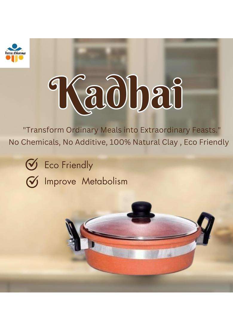 Terra Charms Clay KadhaiArtisan Clay Kadhai Wok Handmade Excellence for Gourmet Cooking | 2 L | 2.1 Qt | With Lid - Indya
