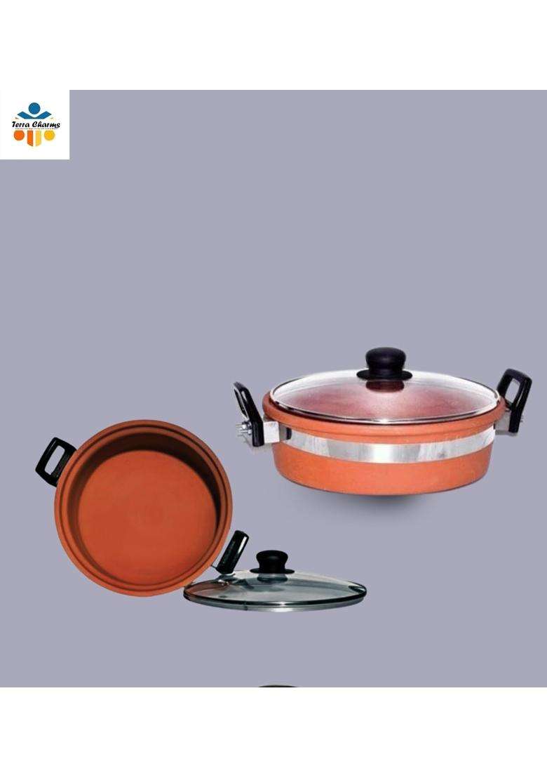Terra Charms Clay KadhaiArtisan Clay Kadhai Wok Handmade Excellence for Gourmet Cooking | 2 L | 2.1 Qt | With Lid - Indya