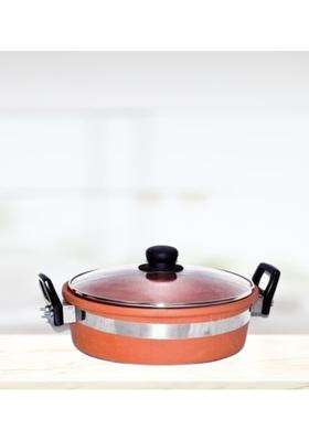 Terra Charms Terracotta Clay Kadai Wok for Healthy Cooking | 2 L | 2.1 Qt