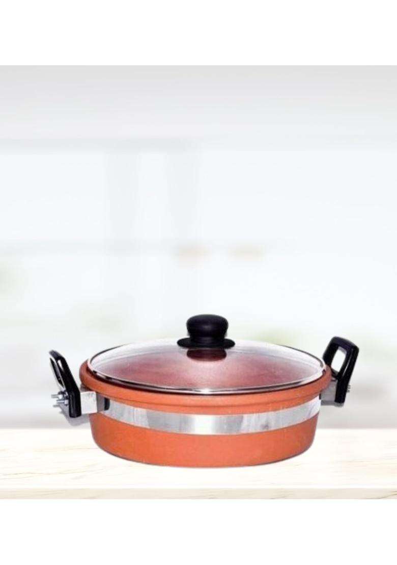 Terra Charms Terracotta Clay Kadai Wok for Healthy Cooking | 2 L | 2.1 Qt - Indya