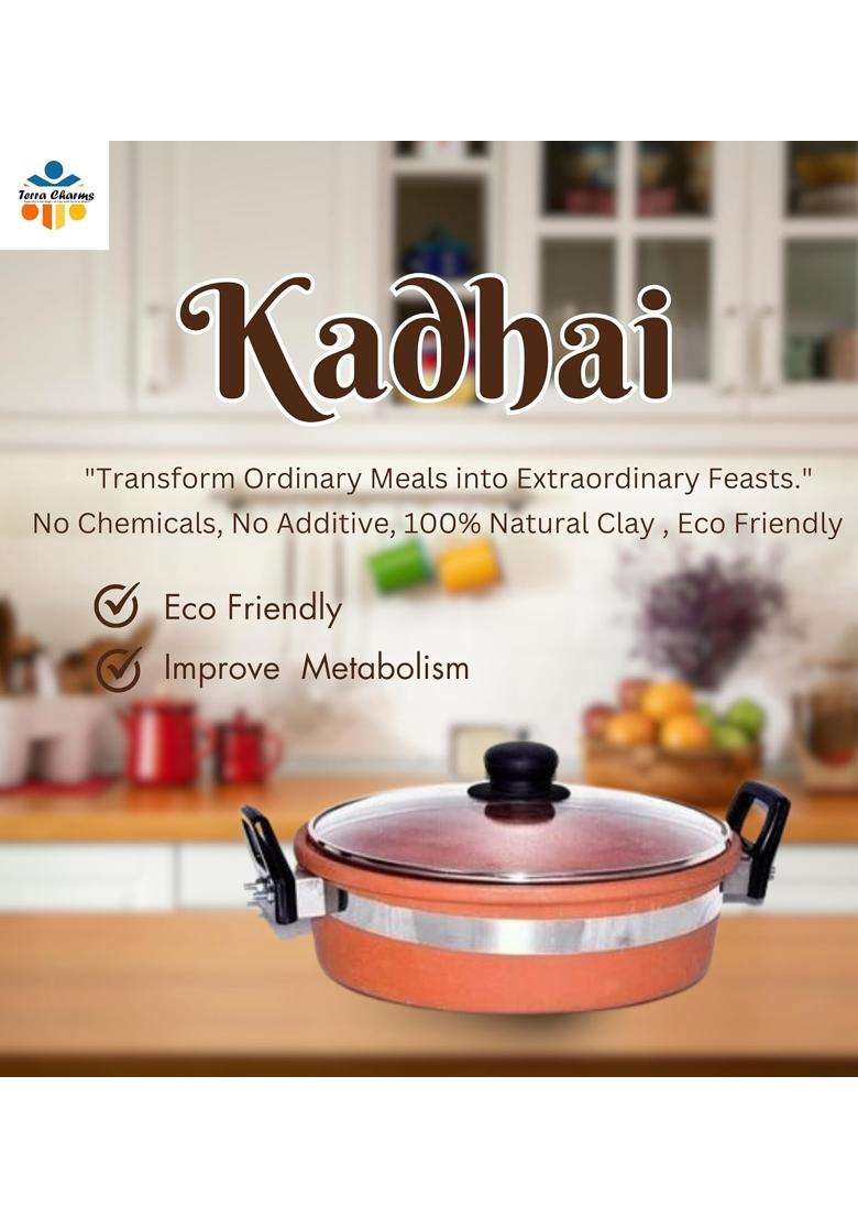 Terra Charms Terracotta Clay Kadai Wok for Healthy Cooking | 2 L | 2.1 Qt - Indya