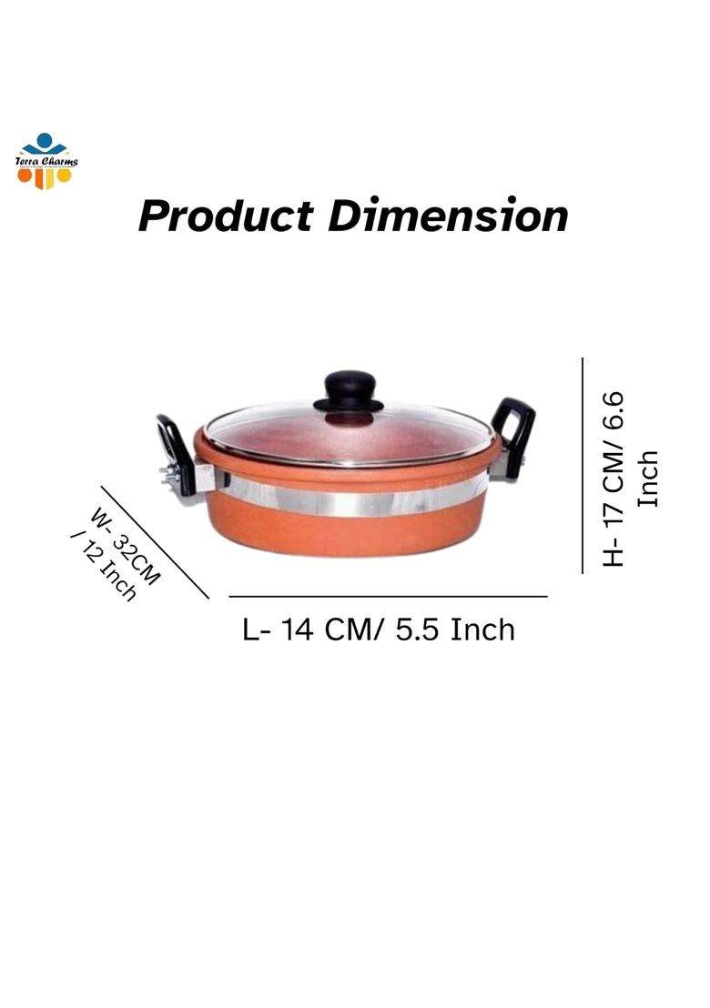 Terra Charms Terracotta Clay Kadai Wok for Healthy Cooking | 2 L | 2.1 Qt - Indya