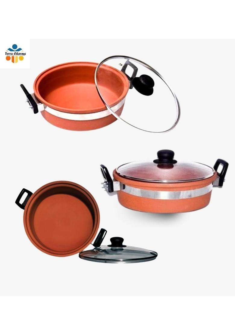 Terra Charms Terracotta Clay Kadai Wok for Healthy Cooking | 2 L | 2.1 Qt - Indya