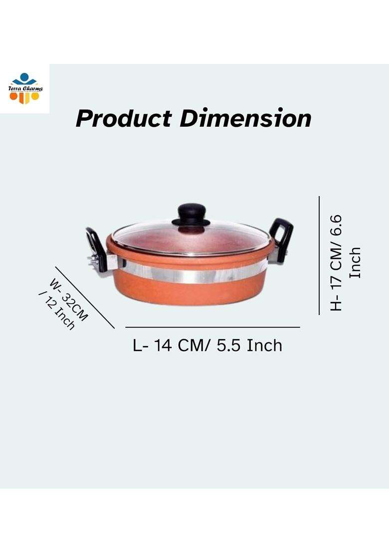 Terra Charms Clay KadhaiHandcrafted Clay Kadhai Wok Time-Honored Craftsmanship | 2 L | 2.1 Qt | With Lid - Indya