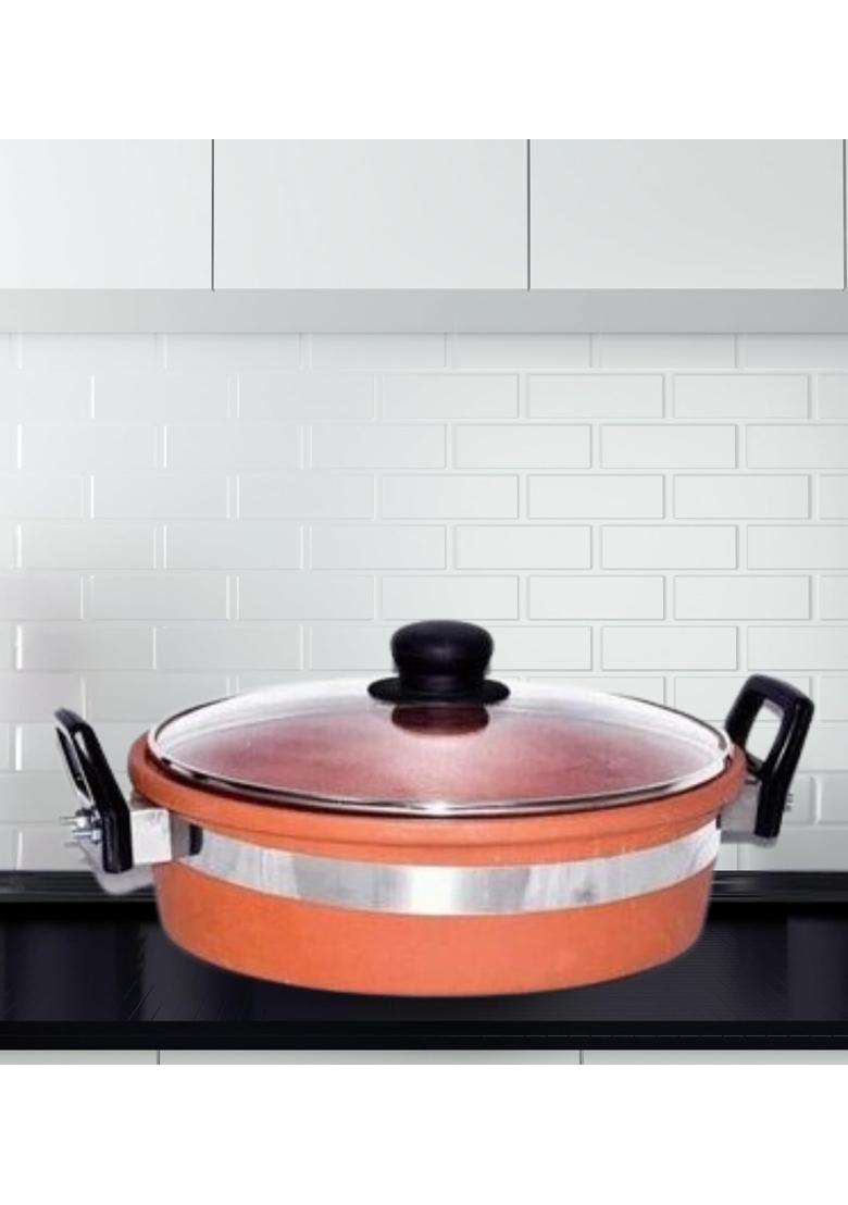 Terra Charms Clay Kadhai Wok Handmade Clay Kadhai Time-Honored Craftsmanship | 2 L | 2.1 Qt | With Lid - Indya
