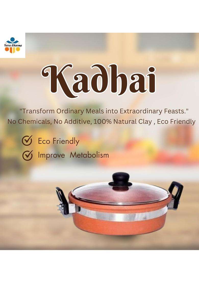 Terra Charms Clay Kadhai Wok Handmade Clay Kadhai Time-Honored Craftsmanship | 2 L | 2.1 Qt | With Lid - Indya