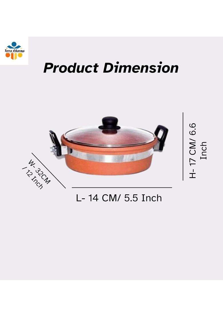 Terra Charms Clay Kadhai Wok Handmade Clay Kadhai Time-Honored Craftsmanship | 2 L | 2.1 Qt | With Lid - Indya