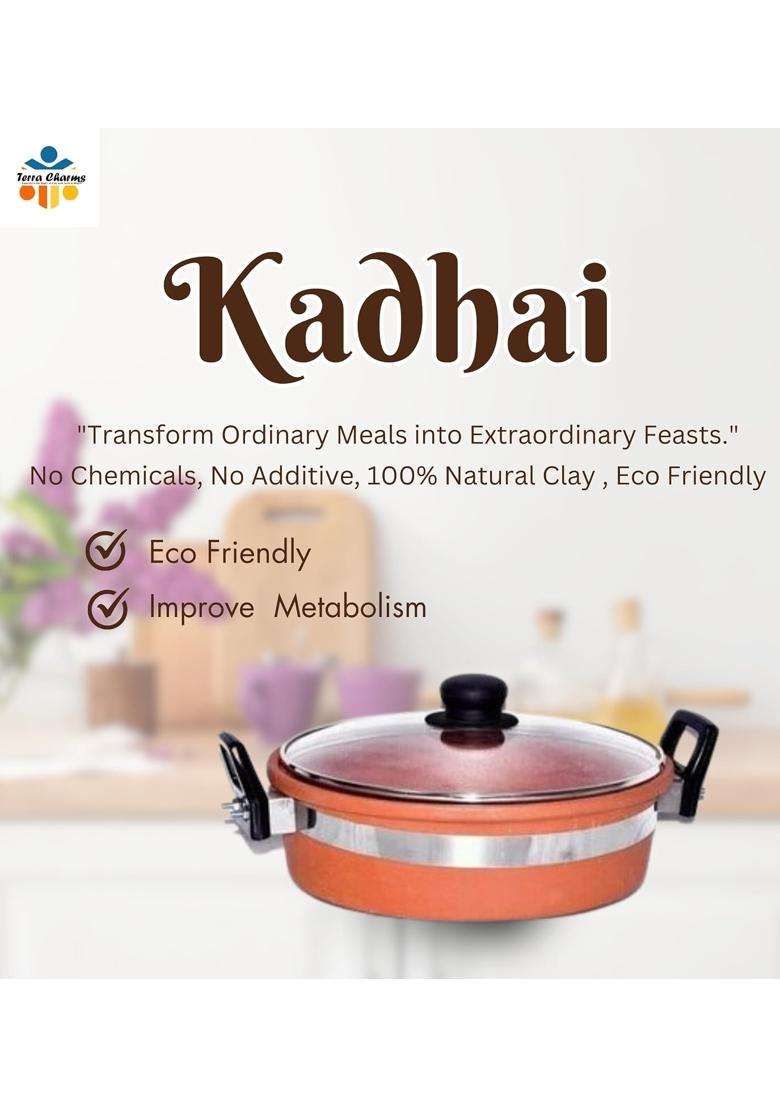 Terra Charms Clay KadhaiTraditional Naturally Healhty Mitti Ka Kadhai Wok for Making Tasty Food | 2 L | 2.1 Qt | With Lid - Indya