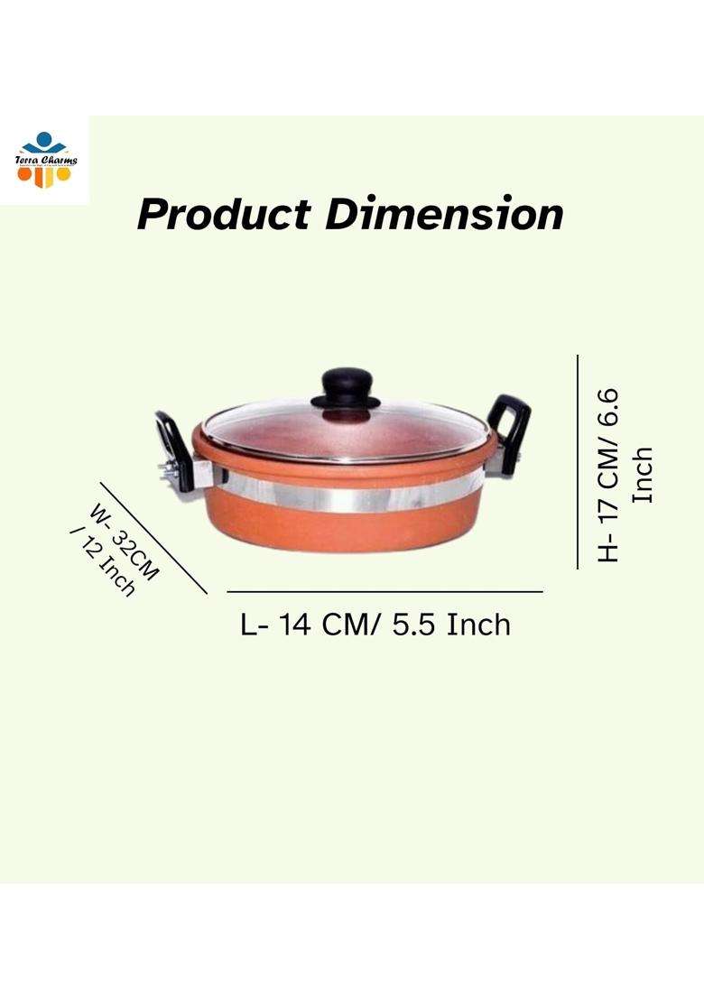 Terra Charms Clay KadhaiTraditional Naturally Healhty Mitti Ka Kadhai Wok for Making Tasty Food | 2 L | 2.1 Qt | With Lid - Indya