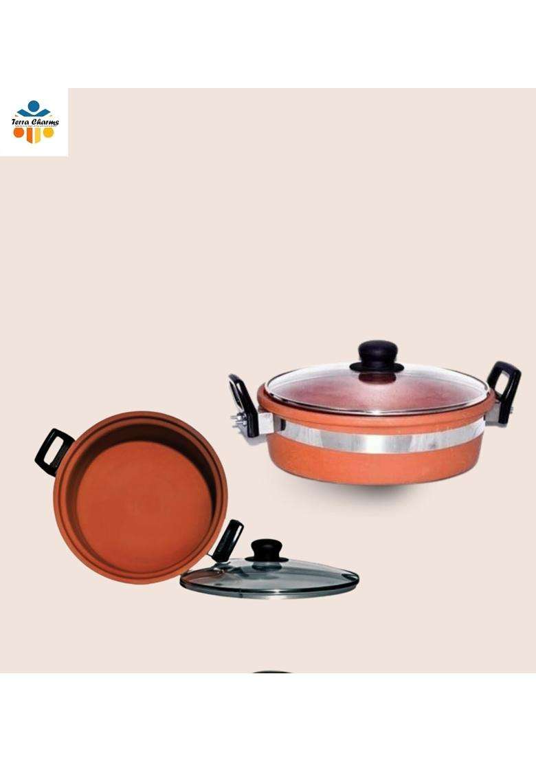 Terra Charms Clay KadhaiTraditional Naturally Healhty Mitti Ka Kadhai Wok for Making Tasty Food | 2 L | 2.1 Qt | With Lid - Indya