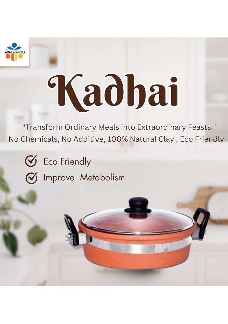 Terra Charms Clay KadhaiMitti Ki Stylish Kadhai Wok | 2 L | 2.1 Qt | With Lid - Indya