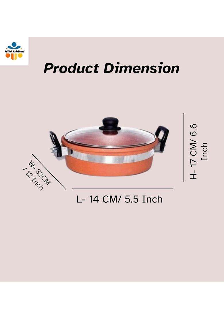 Terra Charms Clay KadhaiMitti Ki Stylish Kadhai Wok | 2 L | 2.1 Qt | With Lid - Indya