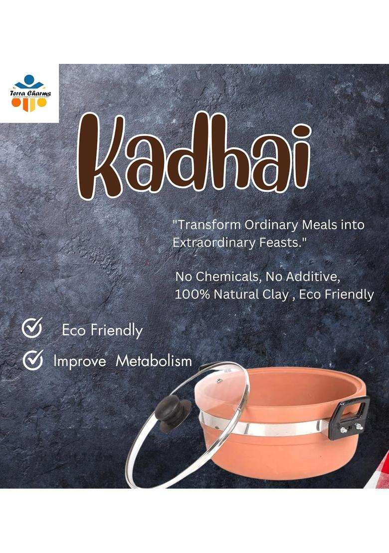 Terra Charms Clay KadhaiIndian Mitti Ka Kadhai Wok for Purspse Healthy Cooking | 1.5 L | 1.6 Qt | With Lid - Indya