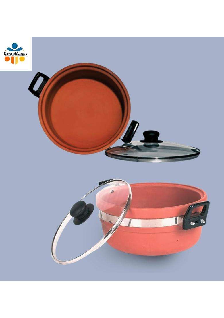 Terra Charms Clay KadhaiIndian Clay Kadhai Wok for Purspse Healthy Cooking | 1.5 L | 1.6 Qt | With Lid - Indya