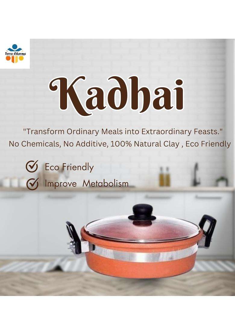 Terra Charms Clay KadhaiAuthentic Earthenware Kadhai Wok Handcrafted for Traditional Cooking | 2 L | 2.1 Qt | With Lid - Indya
