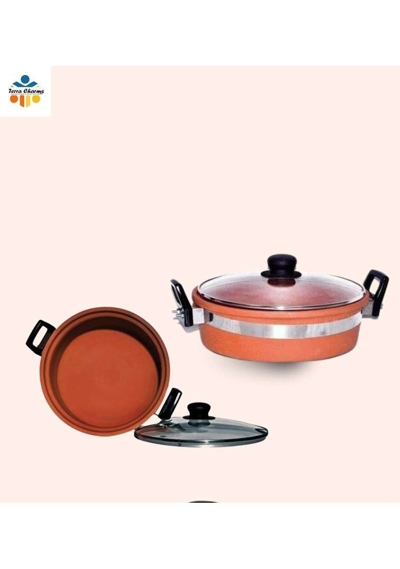Terra Charms Clay KadhaiAuthentic Earthenware Kadhai Wok Handcrafted for Traditional Cooking | 2 L | 2.1 Qt | With Lid - Indya