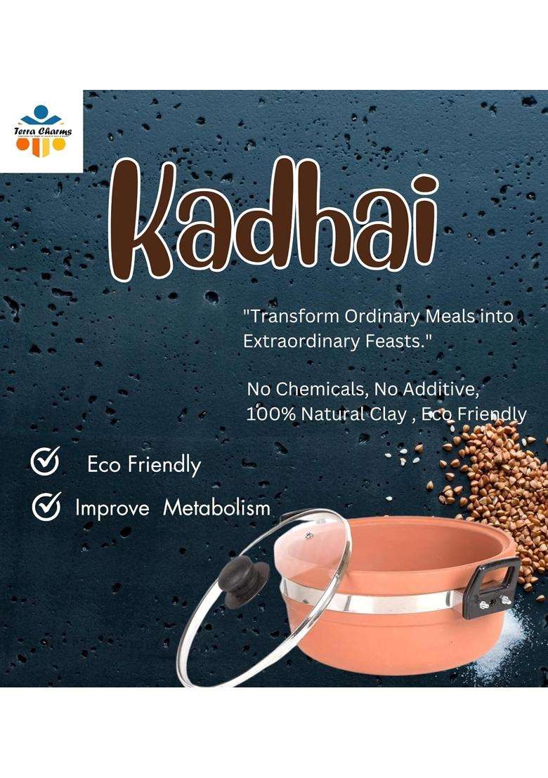 Terra Charms Clay KadhaiAuthentic Earthenware Kadhai Wok Handcrafted for Traditional Cooking | 1.5 L | 1.6 Qt | With Lid - Indya