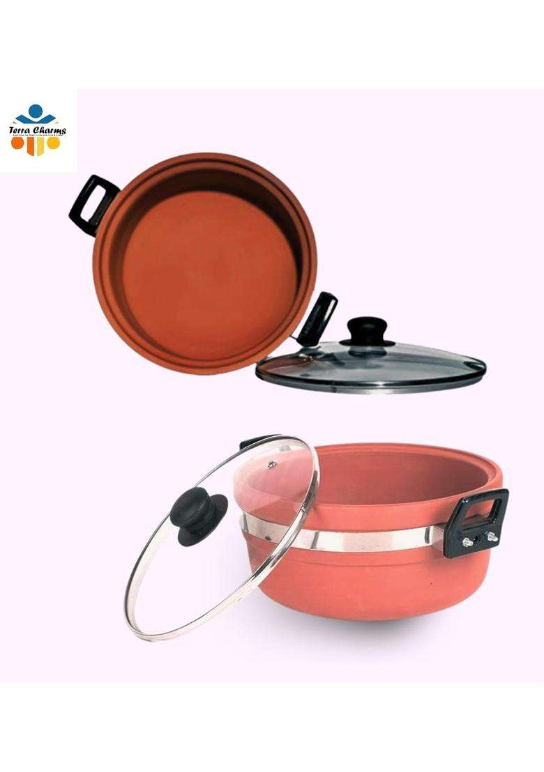 Terra Charms Clay KadhaiAuthentic Earthenware Kadhai Wok Handcrafted for Traditional Cooking | 1.5 L | 1.6 Qt | With Lid - Indya