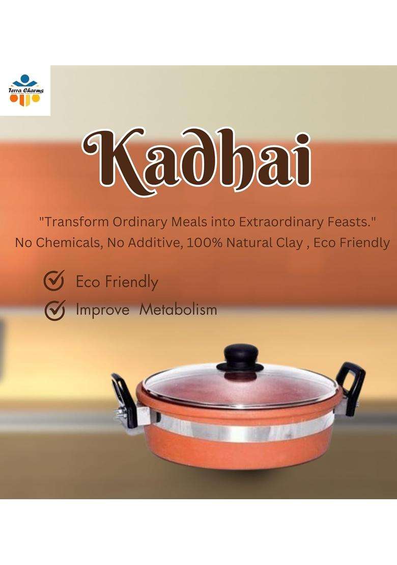 Terra Charms Clay KadhaiHealthy Cooking Mitti Ka Kadhai Wok Enhance Flavors Naturally | 2 L | 2.1 Qt | With Lid - Indya