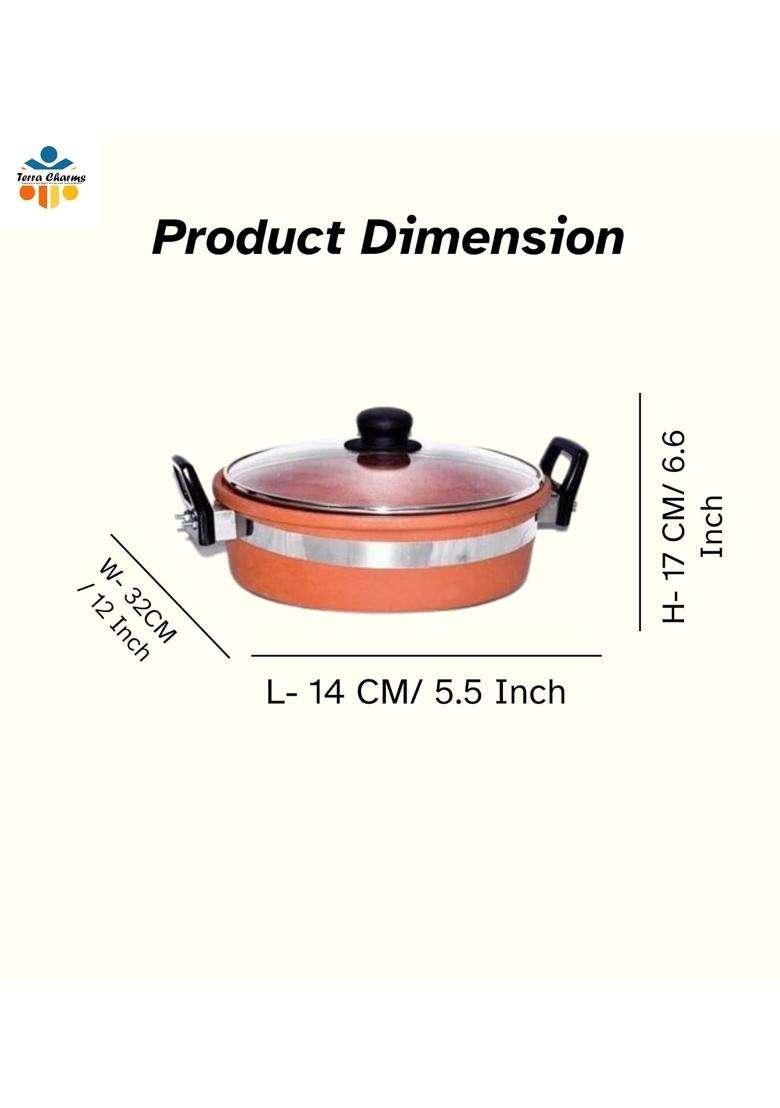 Terra Charms Clay KadhaiHealthy Cooking Mitti Ka Kadhai Wok Enhance Flavors Naturally | 2 L | 2.1 Qt | With Lid - Indya