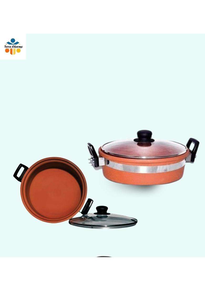 Terra Charms Clay KadhaiHealthy Cooking Mitti Ka Kadhai Wok Enhance Flavors Naturally | 2 L | 2.1 Qt | With Lid - Indya