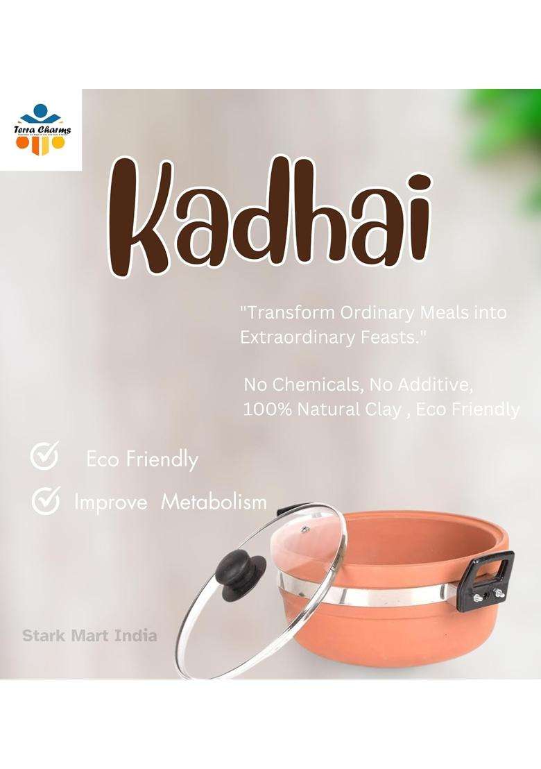 Terra Charms Clay KadhaiHealthy Cooking Mitti Ka Kadhai Wok Enhance Flavors Naturally | 1.5 L | 1.6 Qt | With Lid - Indya