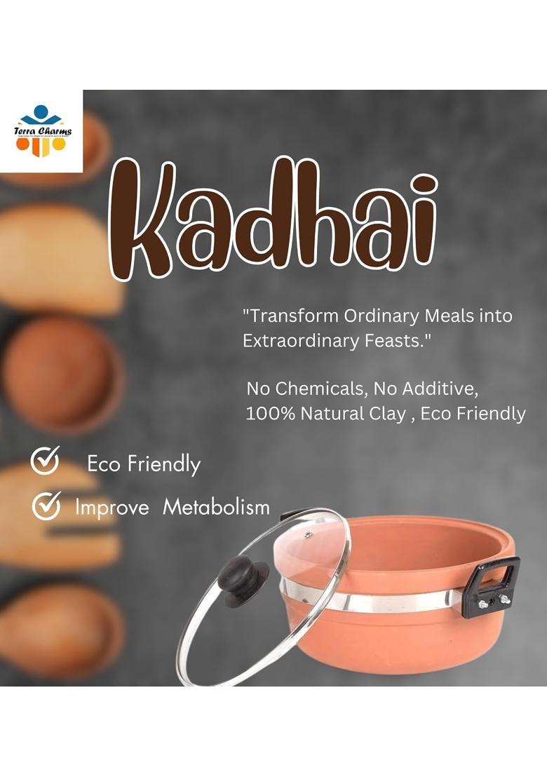 Terra Charms Clay KadhaiTraditional Naturally Healhty Mitti Ka Kadhai Wok for Making Tasty Food | 1.5 L | 1.6 Qt | With Lid - Indya