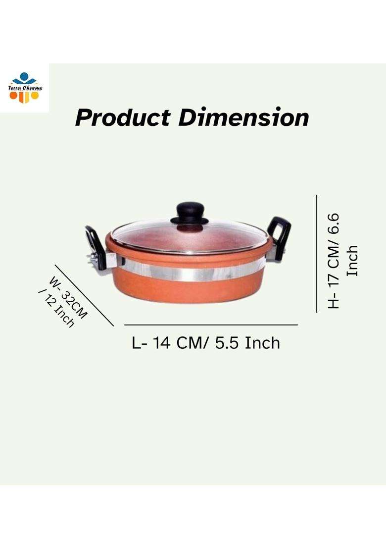 Terra Charms Clay KadhaiHandcrafted Mitti Ka Kadhai Wok Time-Honored Craftsmanship | 2 L | 2.1 Qt | With Lid - Indya