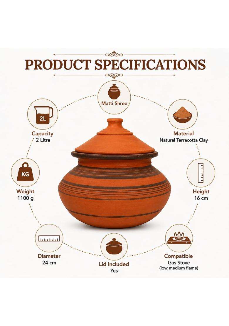 Matti Shree Natural Terracotta Clay Handi for Cooking with Lid | 2 L | 2.1 Qt | Unglazed - Indya