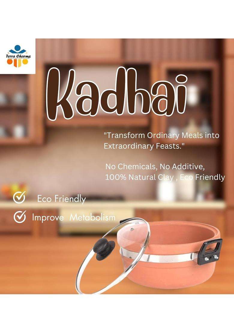 Terra Charms Clay KadhaiArtisan Mitti Ka Kadhai Wok Handmade Excellence for Gourmet Cooking | 1.5 L | 1.6 Qt | With Lid - Indya