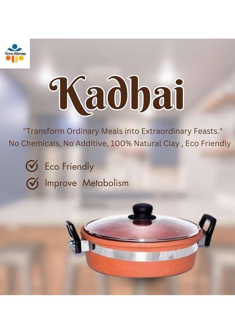Terra Charms Clay Kadhai Wok Healthy Cooking for Mitti Ka Kadhai Enhance Your Cooking Experience | 1.5 L | 1.6 Qt | With Lid - Indya