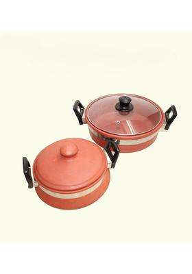 Terra Charms Terracotta Clay Kadai Wok with Handi Combo Set Healthy Cooking | 1.5 L | 1.6 Qt | Pack of 2