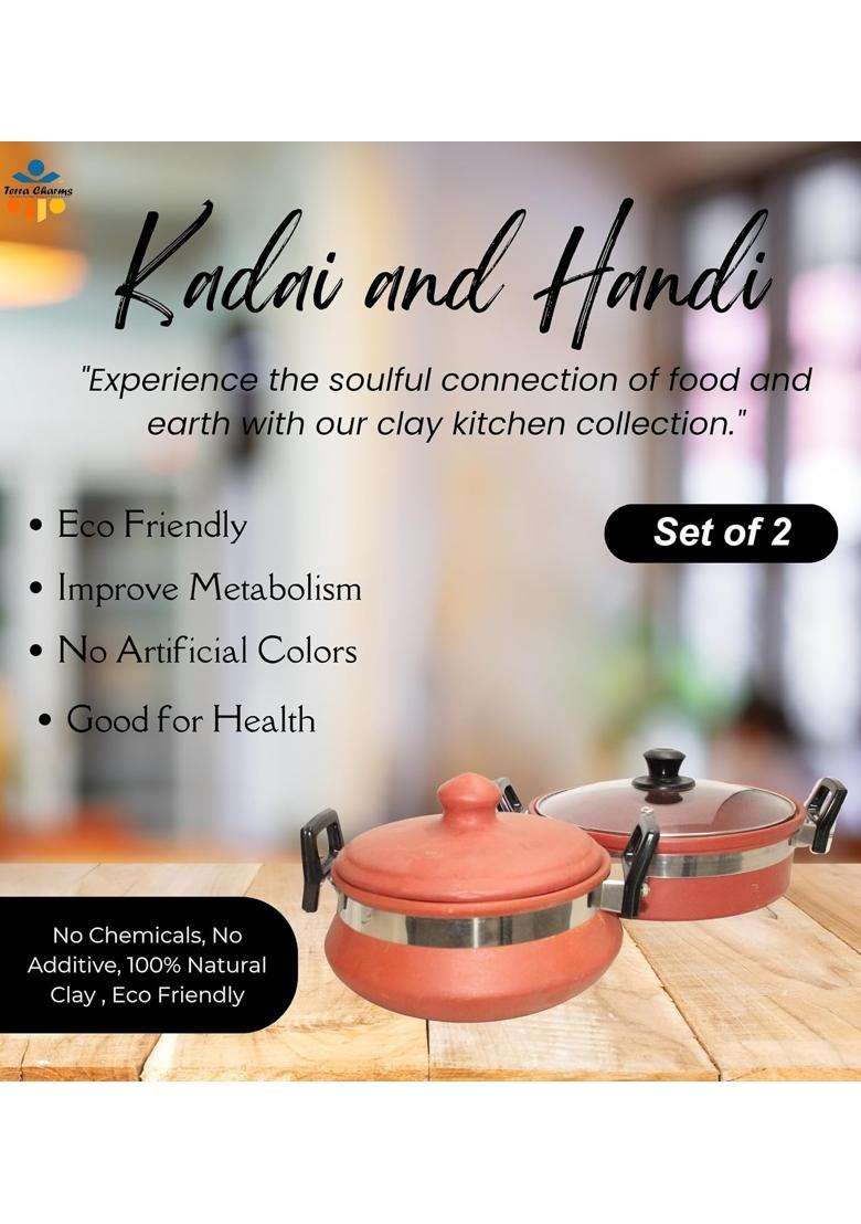 Terra Charms Terracotta Clay Kadai Wok with Handi Combo Set Healthy Cooking | 1.5 L | 1.6 Qt | Pack of 2 - Indya