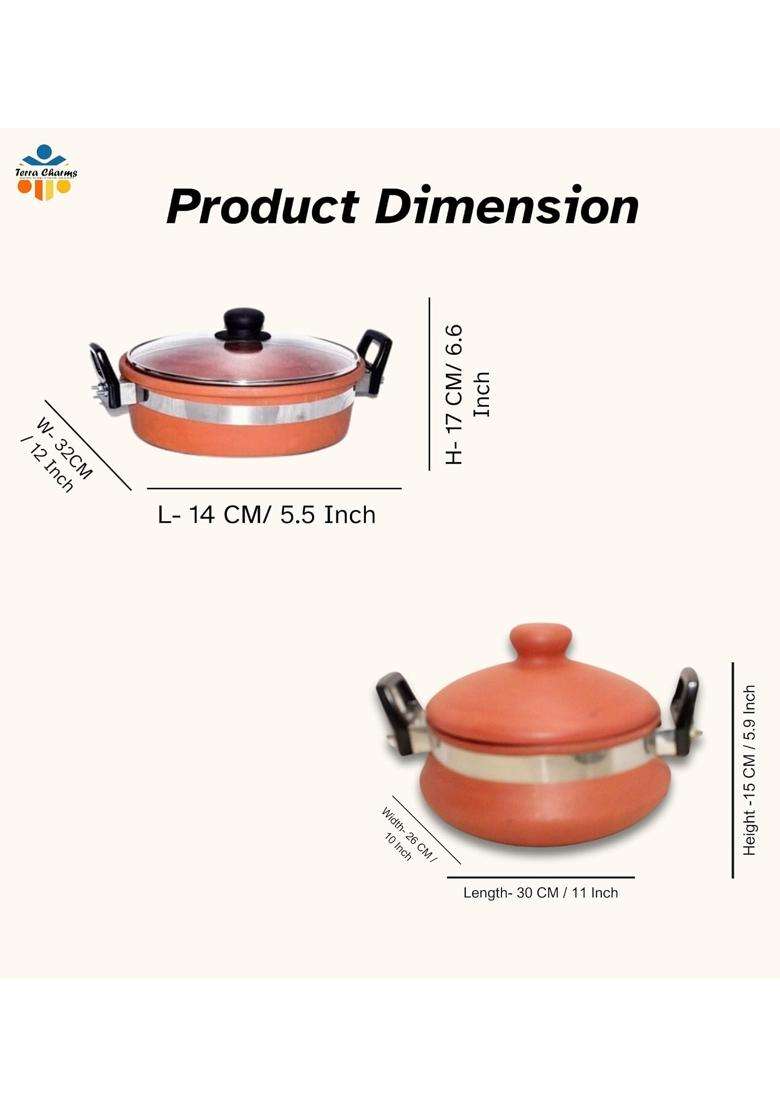 Terra Charms Terracotta Clay Kadai Wok with Handi Combo Set Healthy Cooking | 1.5 L | 1.6 Qt | Pack of 2 - Indya
