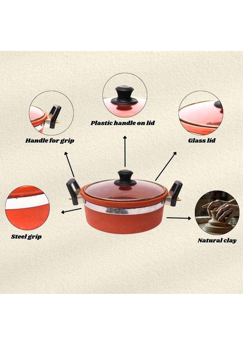 Terra Charms Clay Kadhai Wok with Glass Lid Natural Mitti Cooking Kadai | 2.5 L | 2.6 Qt | Handcrafted - Indya