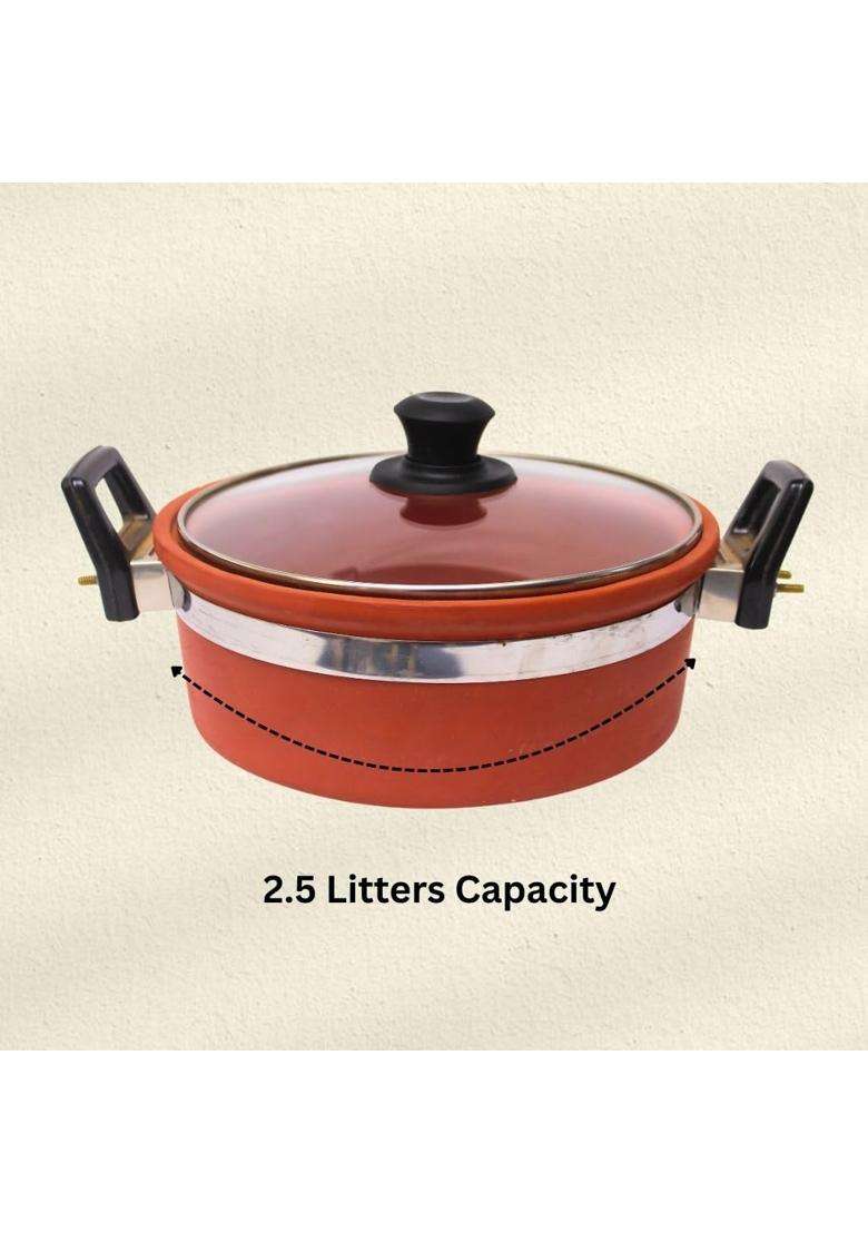 Terra Charms Clay Kadhai Wok with Glass Lid Natural Mitti Cooking Kadai | 2.5 L | 2.6 Qt | Handcrafted - Indya