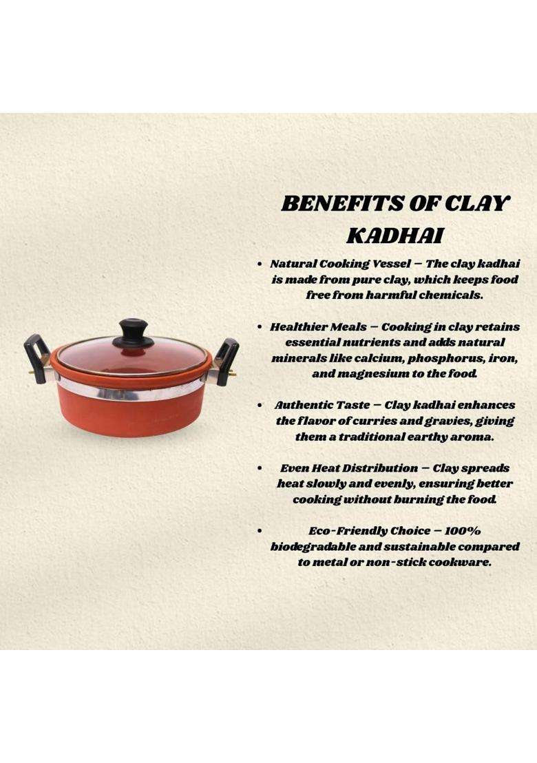 Terra Charms Clay Kadhai Wok with Glass Lid Natural Mitti Cooking Kadai | 2.5 L | 2.6 Qt | Handcrafted - Indya