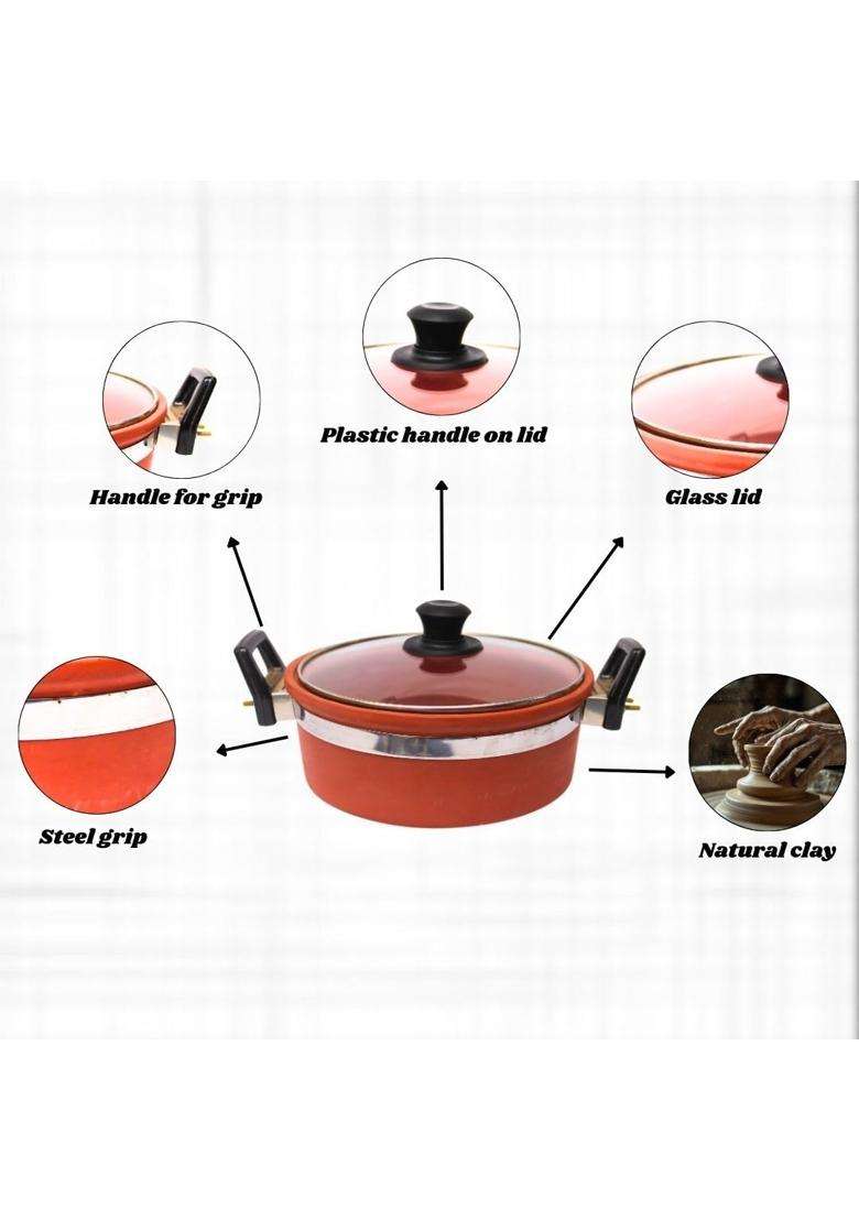 Terra Charms Clay Kadhai Wok with Glass Lid Natural Mitti Cooking Vessel | 2.5 L | 2.6 Qt | Handcrafted - Indya