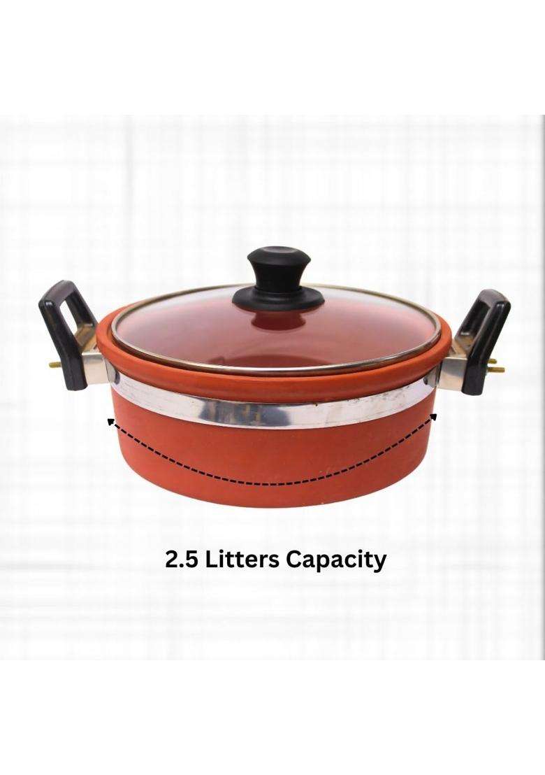 Terra Charms Clay Kadhai Wok with Glass Lid Natural Mitti Cooking Vessel | 2.5 L | 2.6 Qt | Handcrafted - Indya