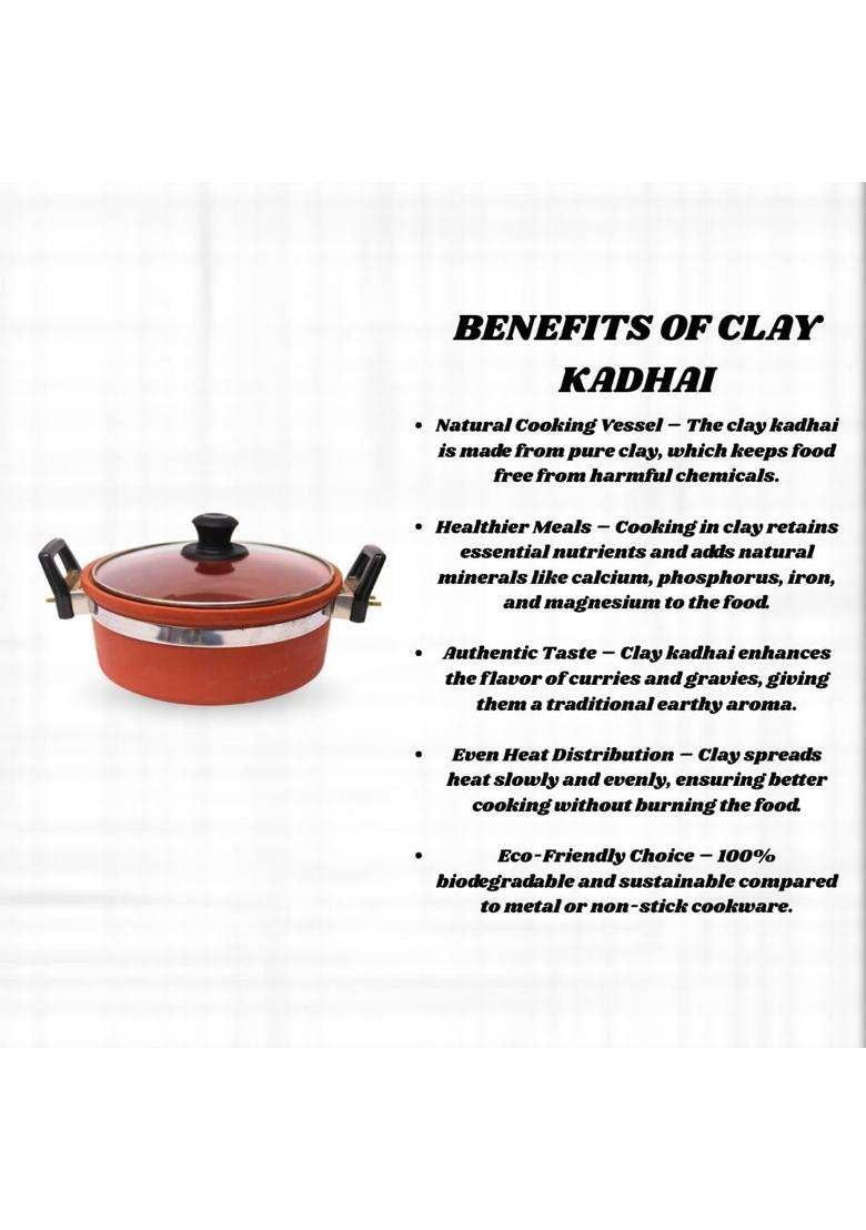 Terra Charms Clay Kadhai Wok with Glass Lid Natural Mitti Cooking Vessel | 2.5 L | 2.6 Qt | Handcrafted - Indya